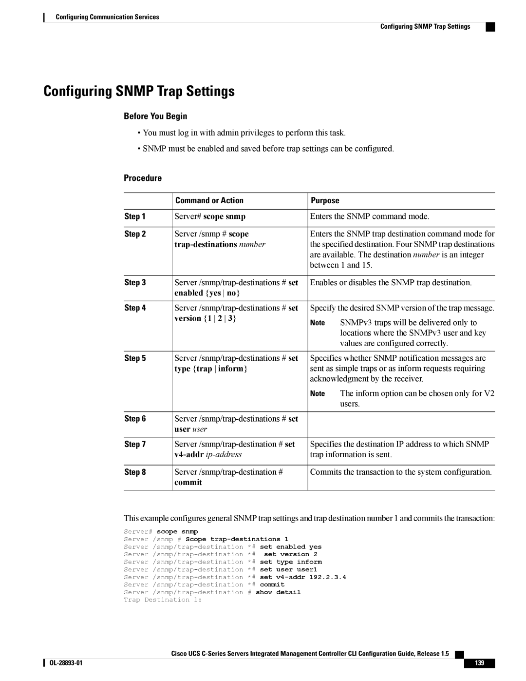 Cisco Systems 57712 Configuring Snmp Trap Settings, Trap-destinations number, Version 1 2, Type trap inform, User user 