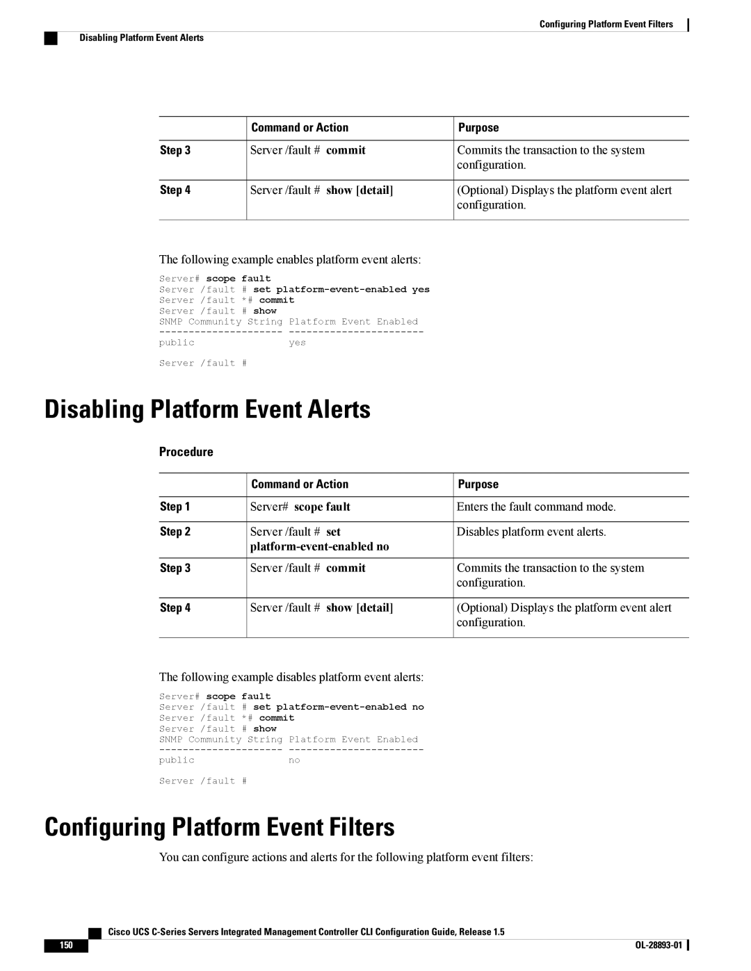 Cisco Systems UCSCPCIEBTG Disabling Platform Event Alerts, Configuring Platform Event Filters, Platform-event-enabled no 