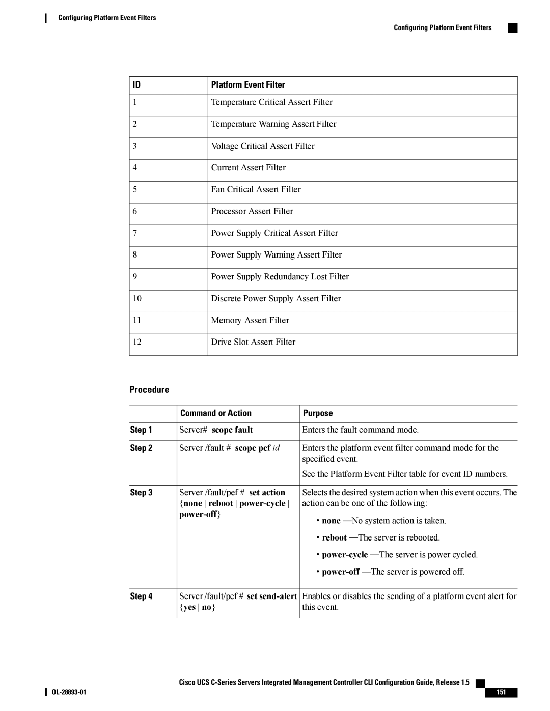 Cisco Systems 57712, UCSCPCIEBTG manual Platform Event Filter, None reboot power-cycle, Power-off 