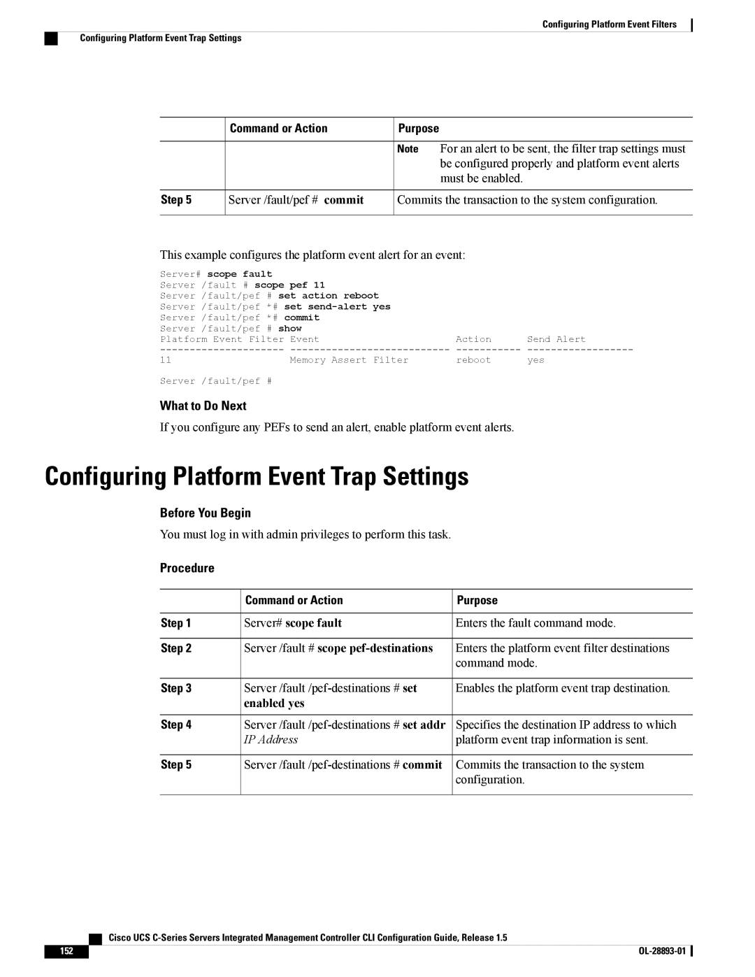 Cisco Systems UCSCPCIEBTG Configuring Platform Event Trap Settings, Server /fault # scope pef-destinations, Enabled yes 