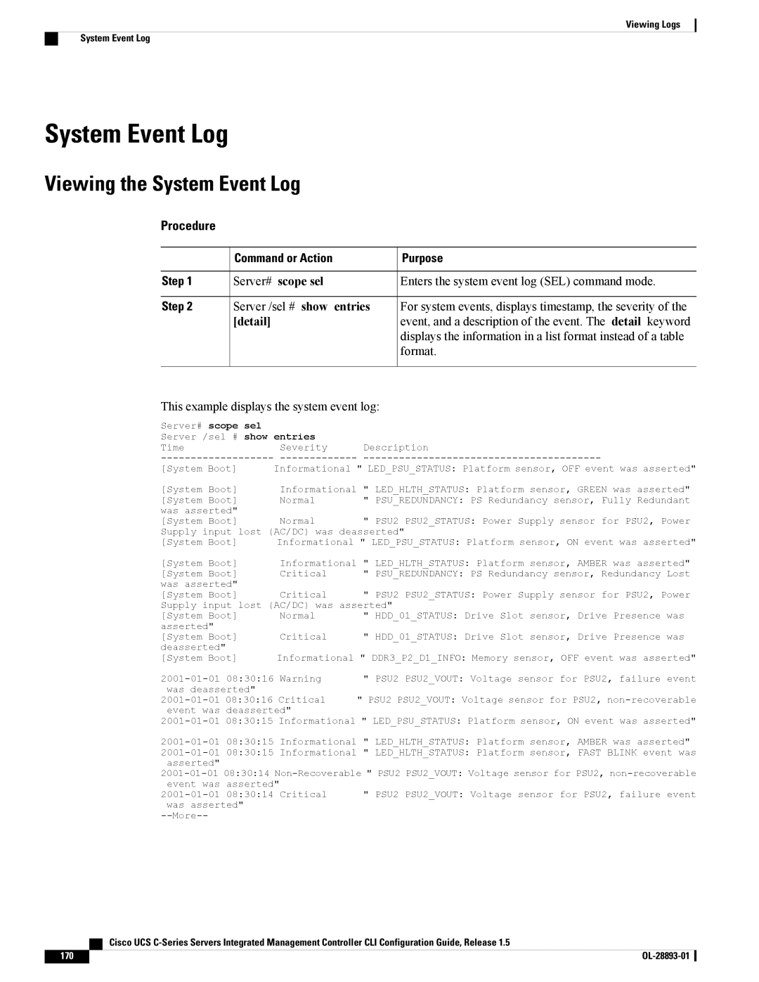 Cisco Systems UCSCPCIEBTG, 57712 manual Viewing the System Event Log, Server# scope sel 