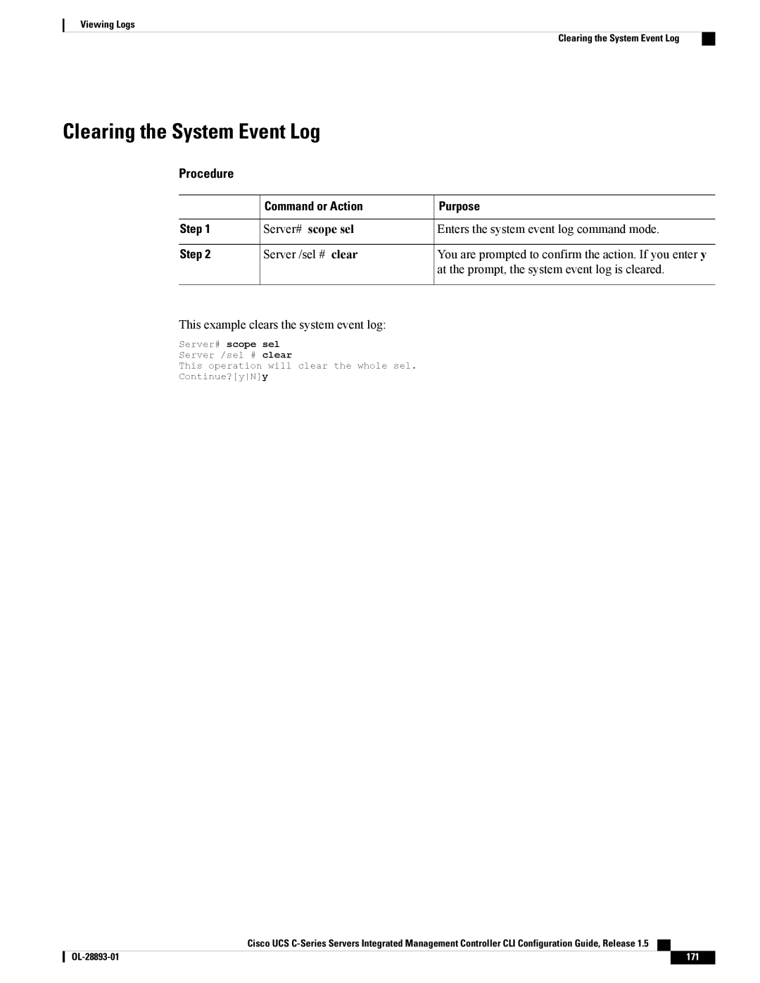 Cisco Systems 57712 manual Clearing the System Event Log, Enters the system event log command mode, Server# scope sel 