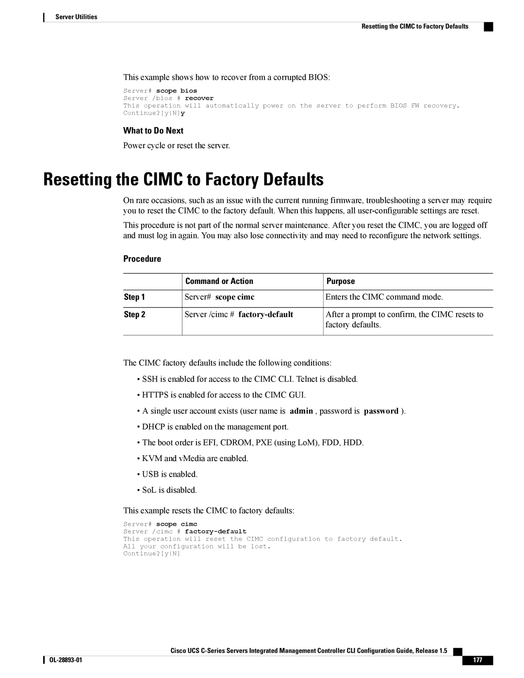 Cisco Systems 57712 manual Resetting the Cimc to Factory Defaults, This example shows how to recover from a corrupted Bios 