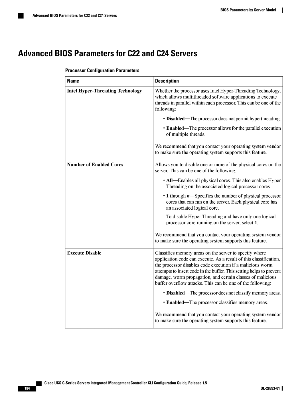 Cisco Systems UCSCPCIEBTG, 57712 Advanced Bios Parameters for C22 and C24 Servers, Processor Configuration Parameters Name 