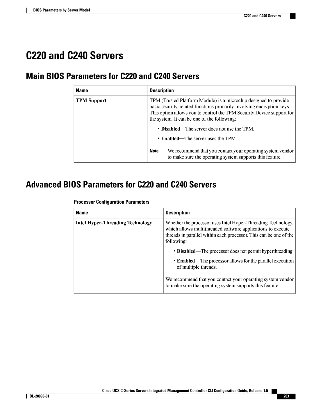 Cisco Systems 57712 Main Bios Parameters for C220 and C240 Servers, Advanced Bios Parameters for C220 and C240 Servers 