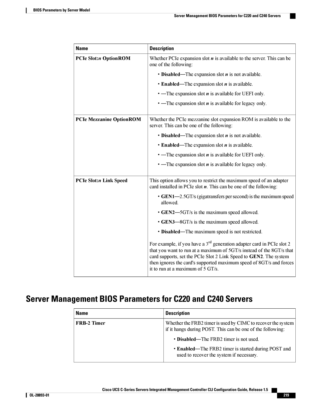 Cisco Systems 57712, UCSCPCIEBTG Server Management Bios Parameters for C220 and C240 Servers, PCIe Mezzanine OptionROM 