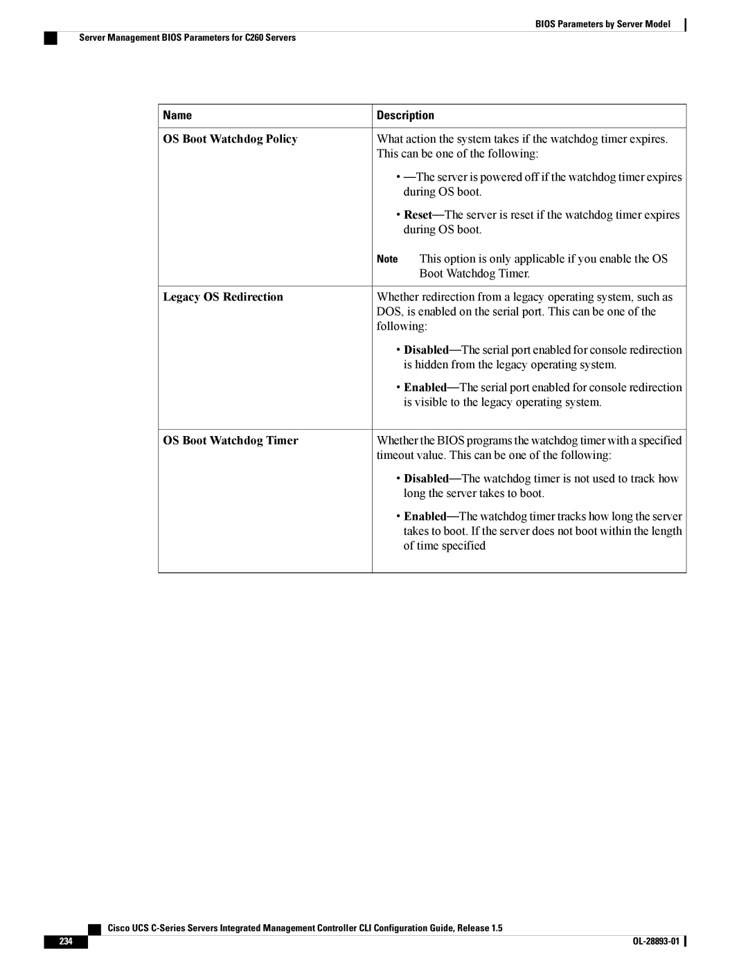 Cisco Systems UCSCPCIEBTG, 57712 manual OS Boot Watchdog Policy, Legacy OS Redirection, OS Boot Watchdog Timer 