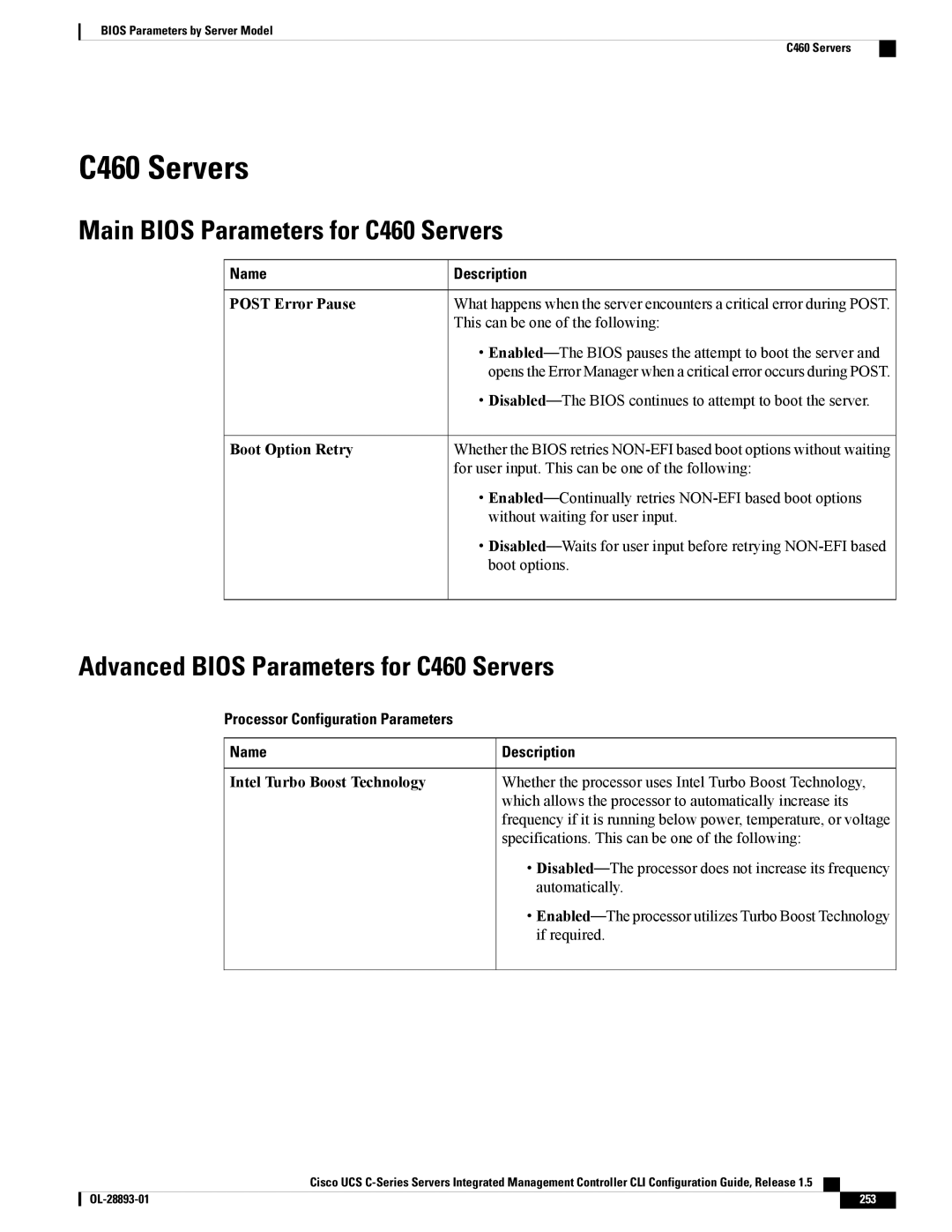 Cisco Systems 57712, UCSCPCIEBTG manual Main Bios Parameters for C460 Servers, Advanced Bios Parameters for C460 Servers 