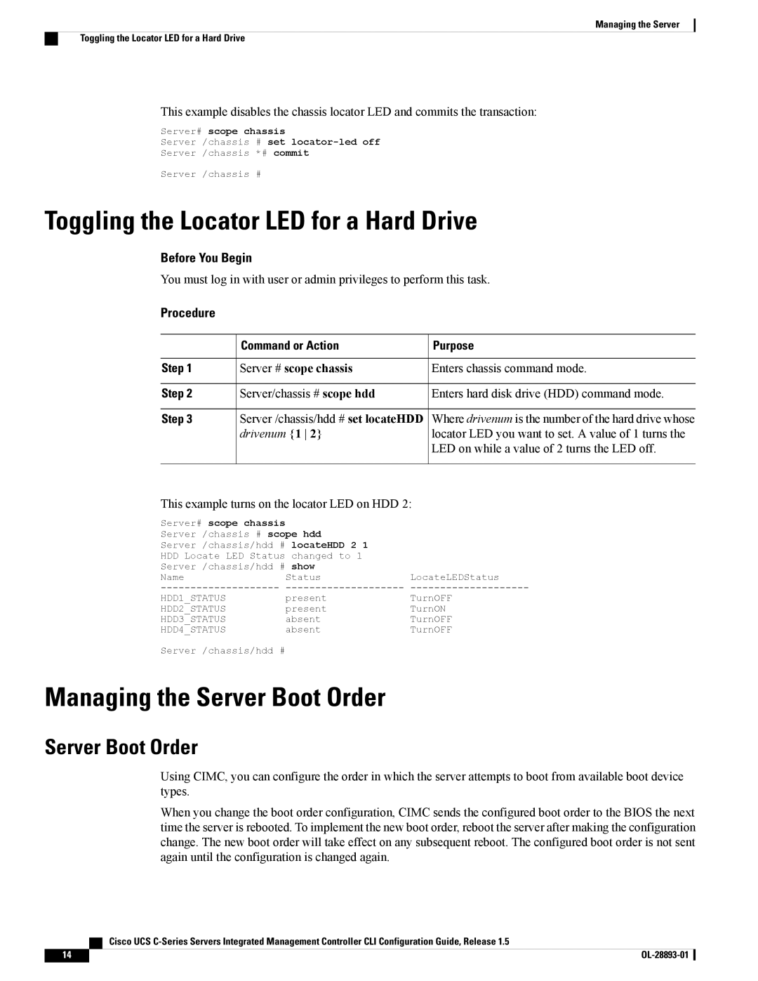 Cisco Systems UCSCPCIEBTG, 57712 manual Toggling the Locator LED for a Hard Drive, Managing the Server Boot Order 