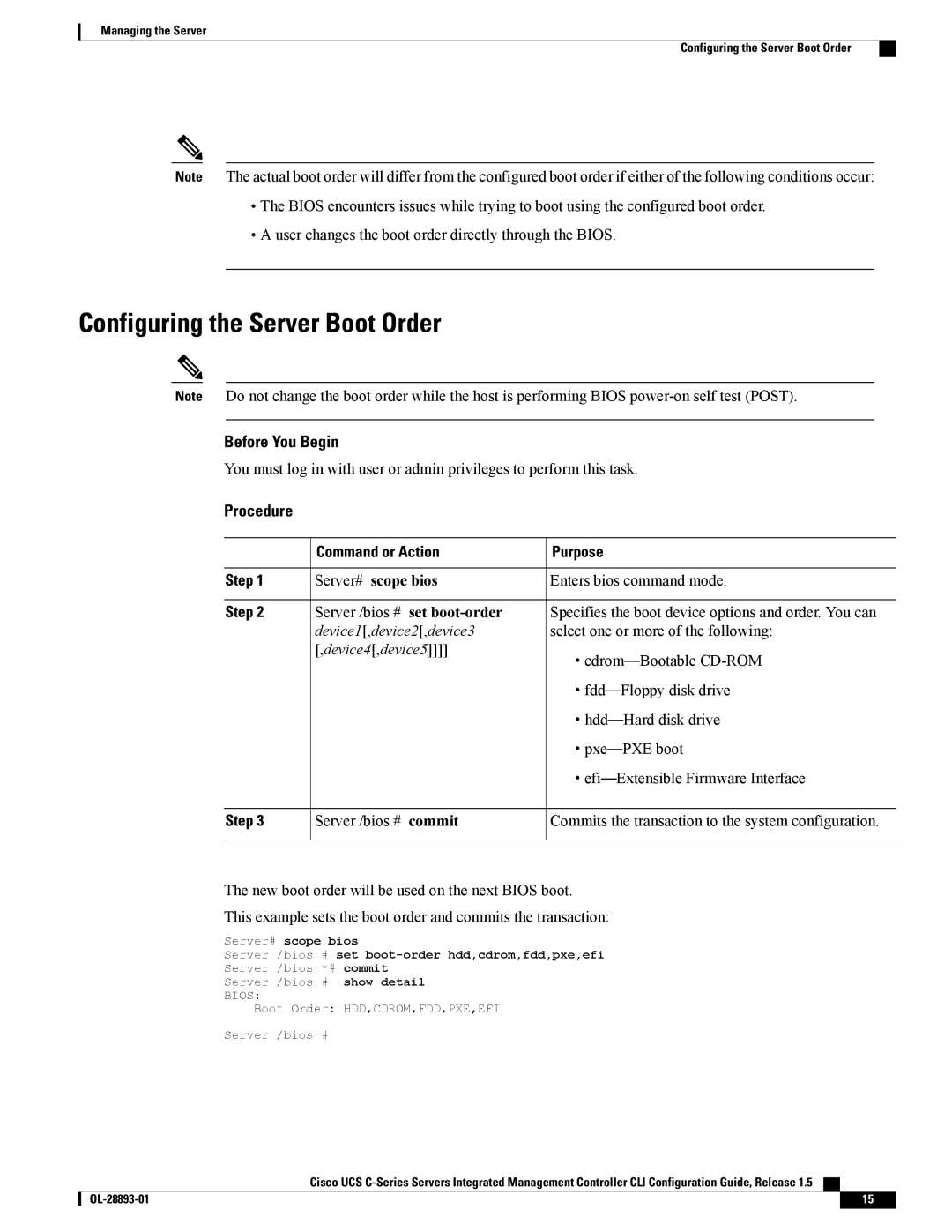 Cisco Systems 57712, UCSCPCIEBTG manual Configuring the Server Boot Order, Server# scope bios 