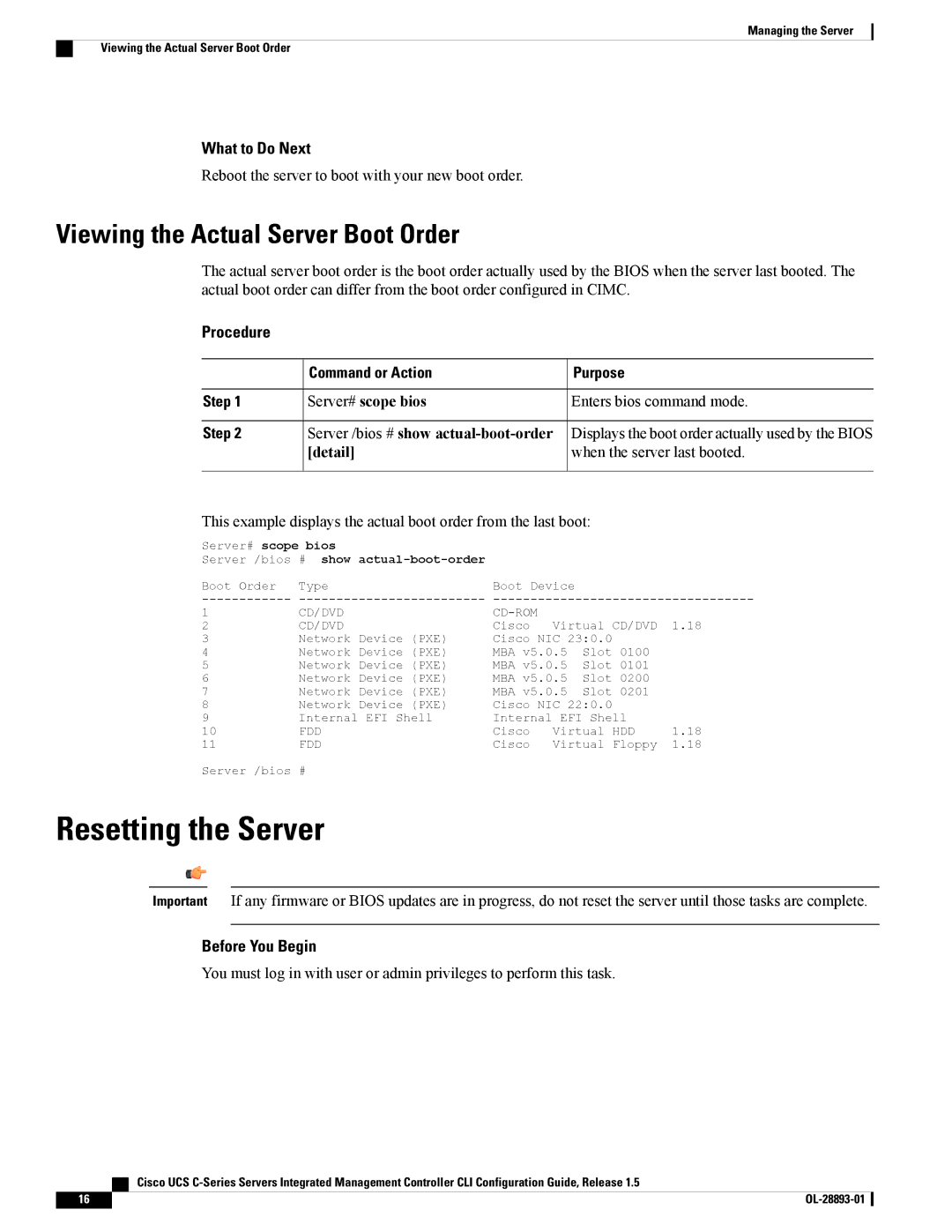 Cisco Systems UCSCPCIEBTG, 57712 manual Resetting the Server, Viewing the Actual Server Boot Order, Detail 