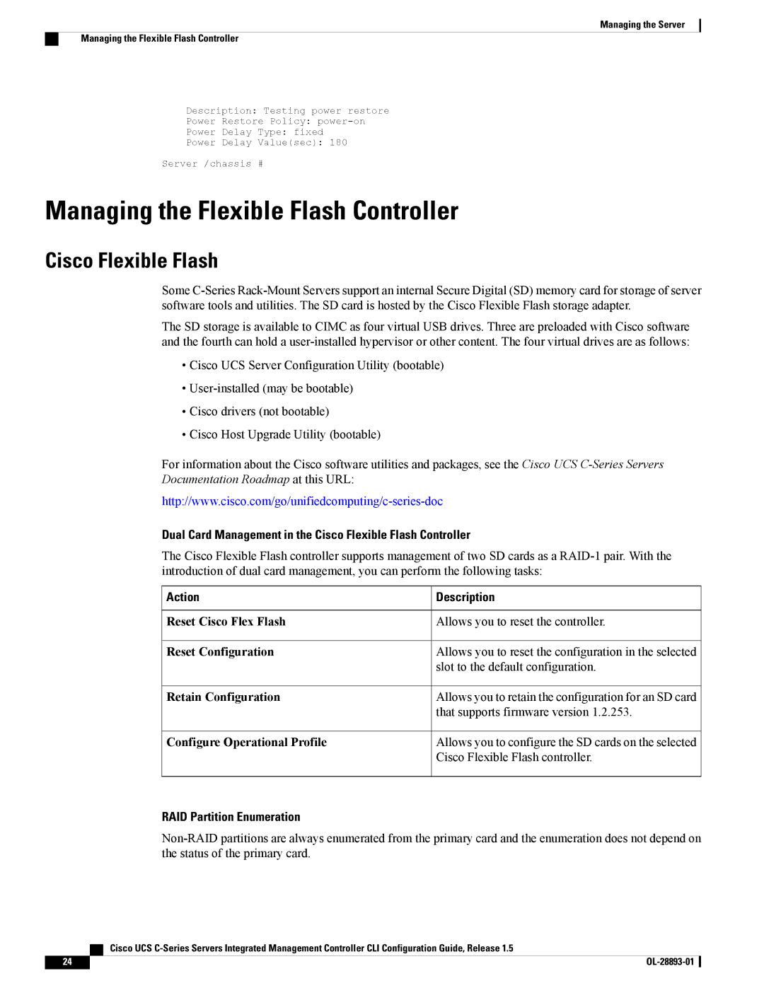 Cisco Systems UCSCPCIEBTG, 57712 manual Managing the Flexible Flash Controller, Cisco Flexible Flash, Action Description 