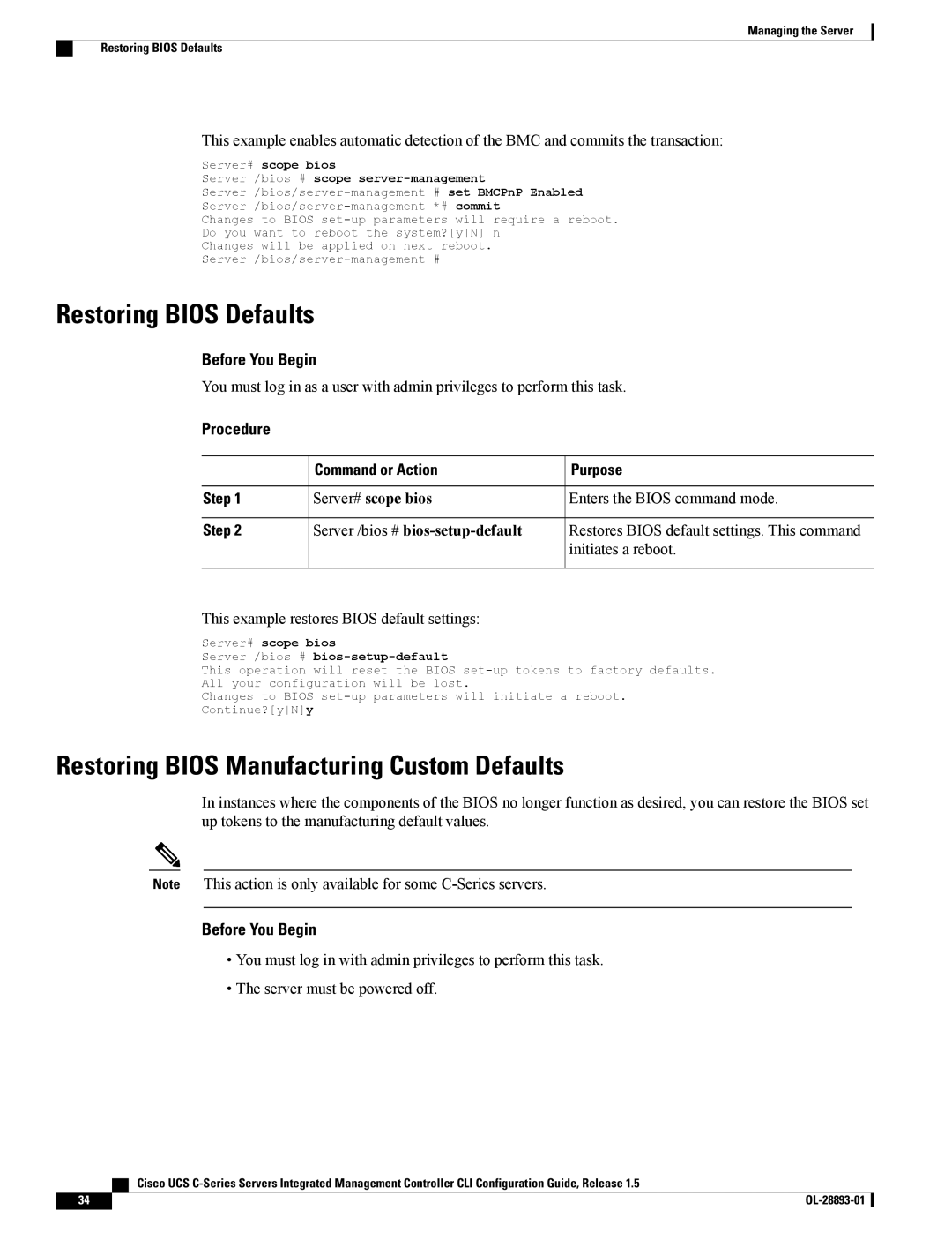 Cisco Systems UCSCPCIEBTG, 57712 manual Restoring Bios Defaults, Restoring Bios Manufacturing Custom Defaults 