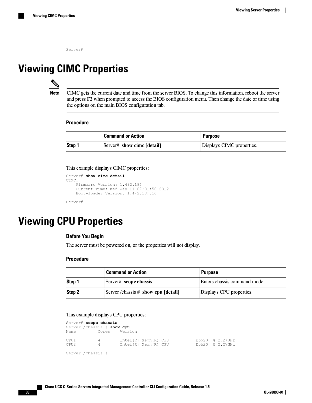 Cisco Systems UCSCPCIEBTG, 57712 manual Viewing Cimc Properties, Viewing CPU Properties, Server# show cimc detail 