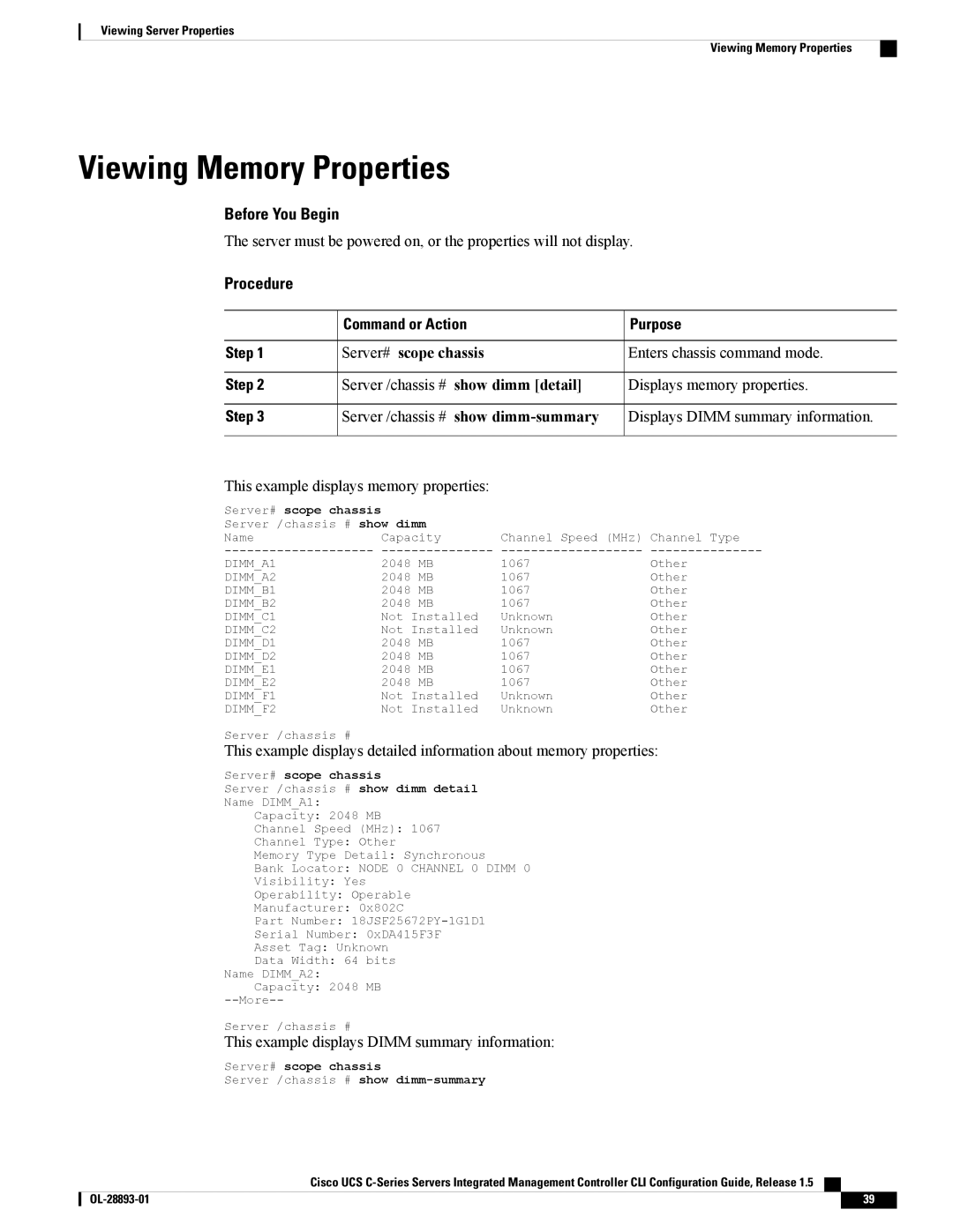 Cisco Systems 57712, UCSCPCIEBTG manual Viewing Memory Properties, This example displays Dimm summary information 