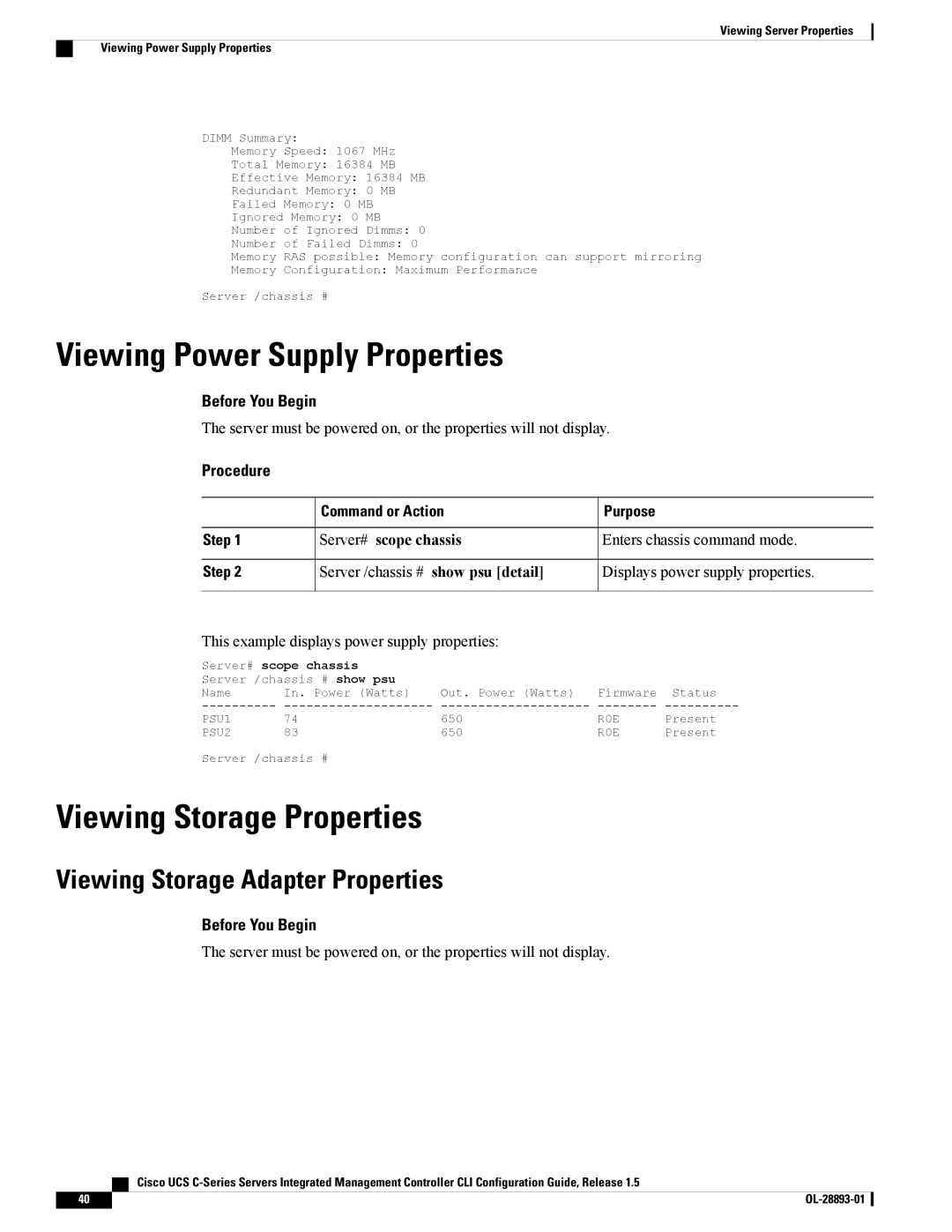 Cisco Systems UCSCPCIEBTG Viewing Power Supply Properties, Viewing Storage Properties, Viewing Storage Adapter Properties 