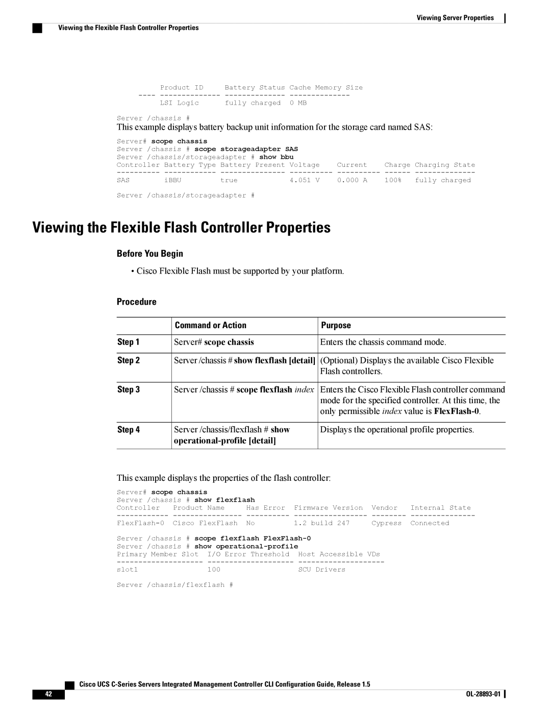 Cisco Systems UCSCPCIEBTG, 57712 Viewing the Flexible Flash Controller Properties, Server /chassis # show flexflash detail 