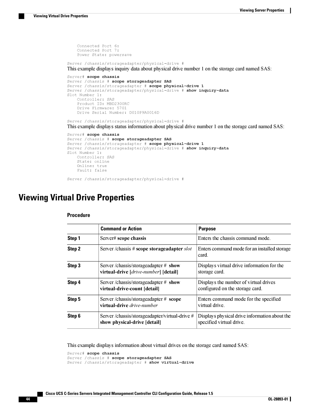 Cisco Systems UCSCPCIEBTG Viewing Virtual Drive Properties, Virtual-drive drive-number detail, Virtual-drive-count detail 