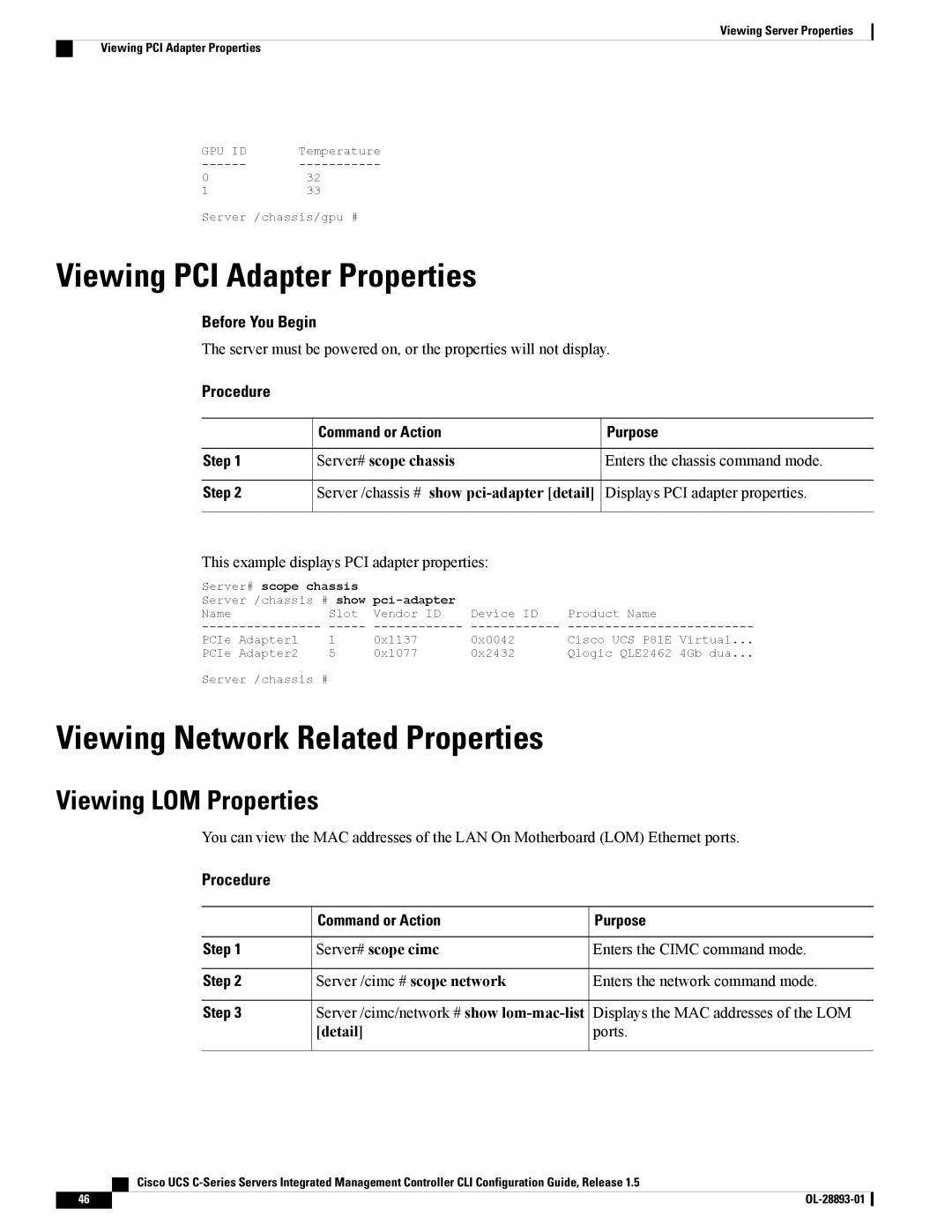 Cisco Systems UCSCPCIEBTG manual Viewing PCI Adapter Properties, Viewing Network Related Properties, Viewing LOM Properties 