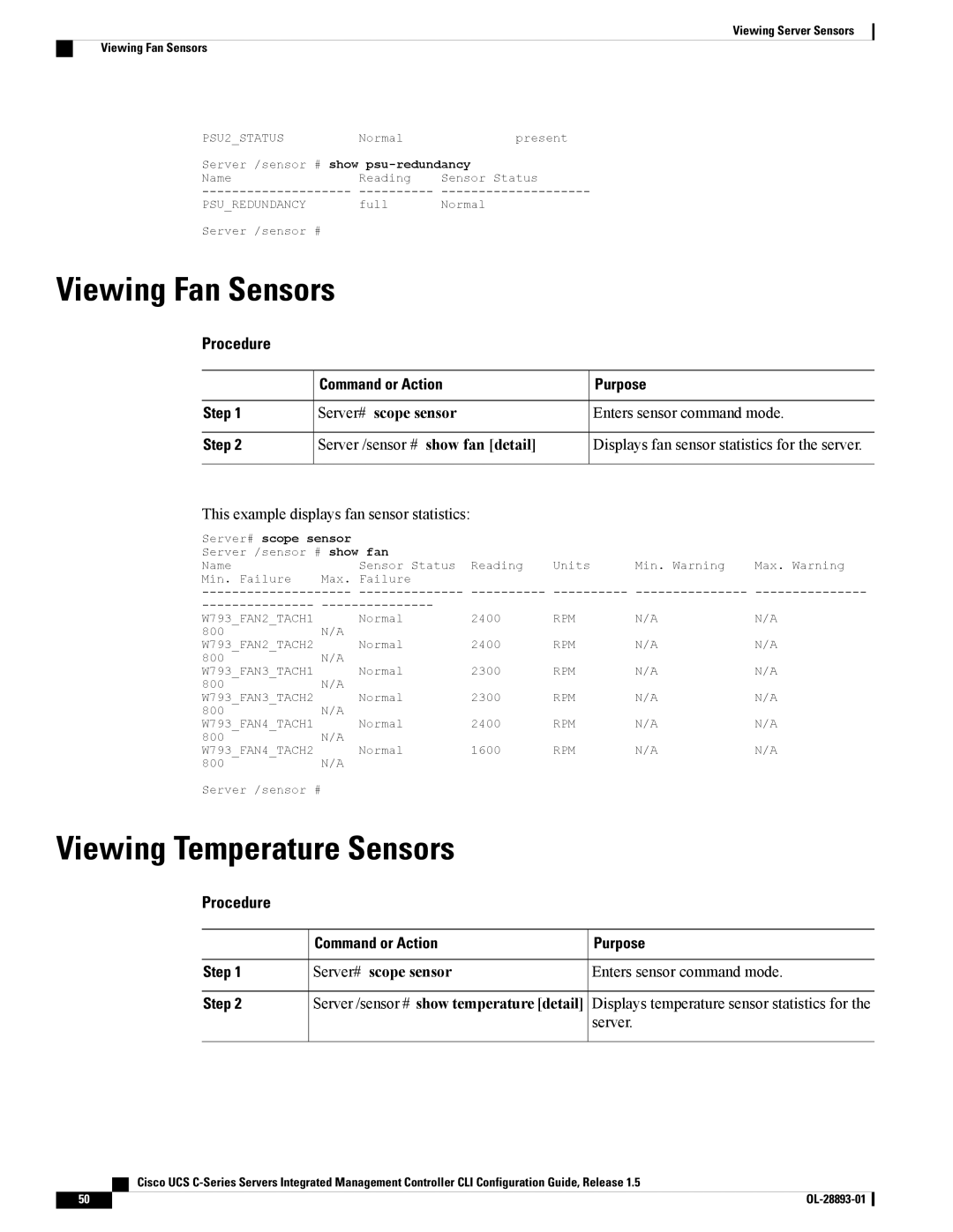 Cisco Systems UCSCPCIEBTG manual Viewing Fan Sensors, Viewing Temperature Sensors, Server /sensor # show temperature detail 