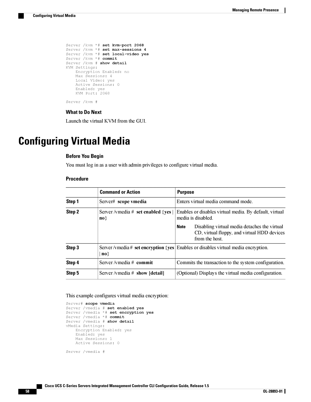 Cisco Systems UCSCPCIEBTG, 57712 manual Configuring Virtual Media, Server# scope vmedia, Set enabled yes 