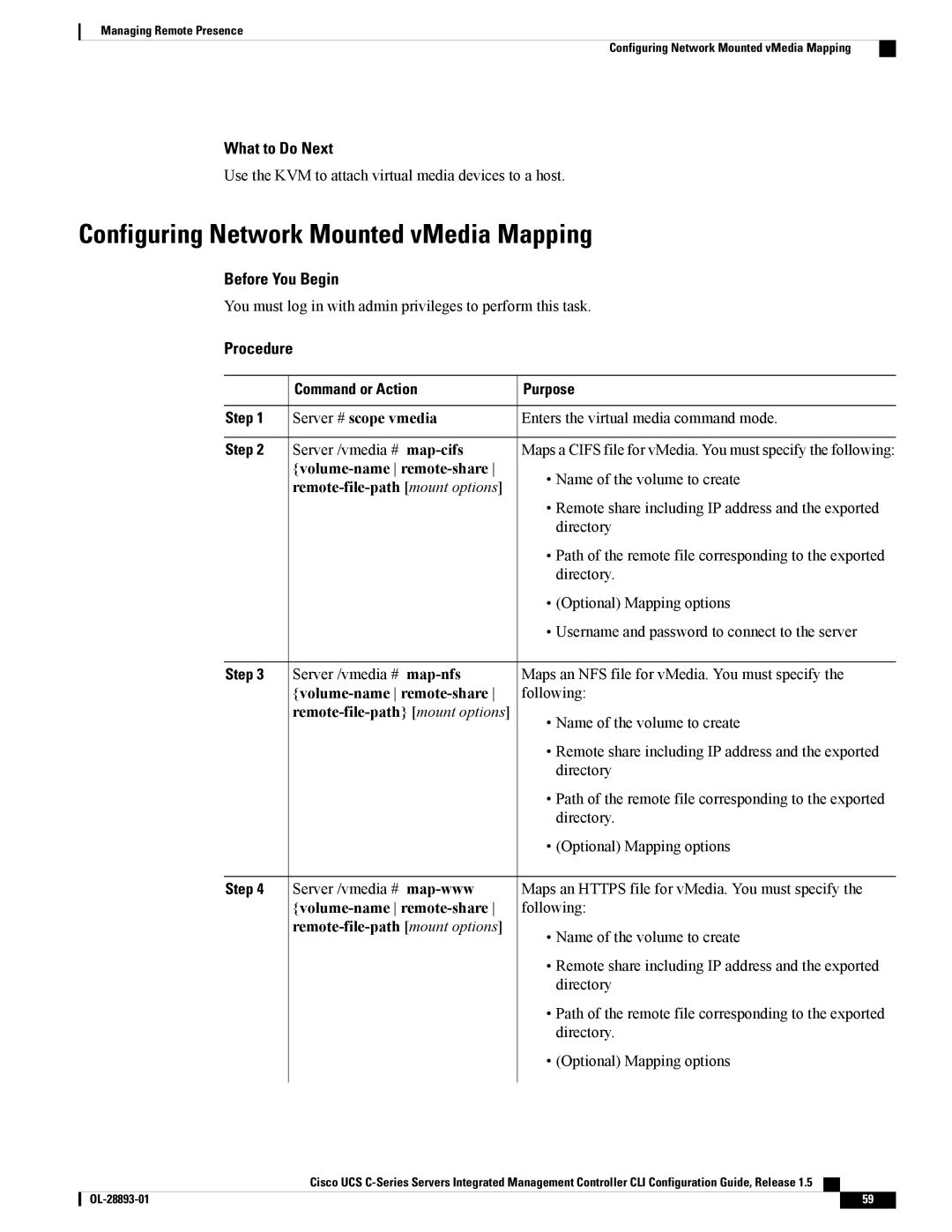 Cisco Systems 57712, UCSCPCIEBTG manual Configuring Network Mounted vMedia Mapping, Command or Action Server # scope vmedia 