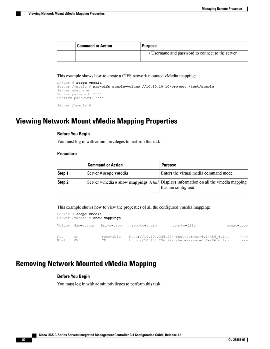 Cisco Systems UCSCPCIEBTG, 57712 Viewing Network Mount vMedia Mapping Properties, Removing Network Mounted vMedia Mapping 