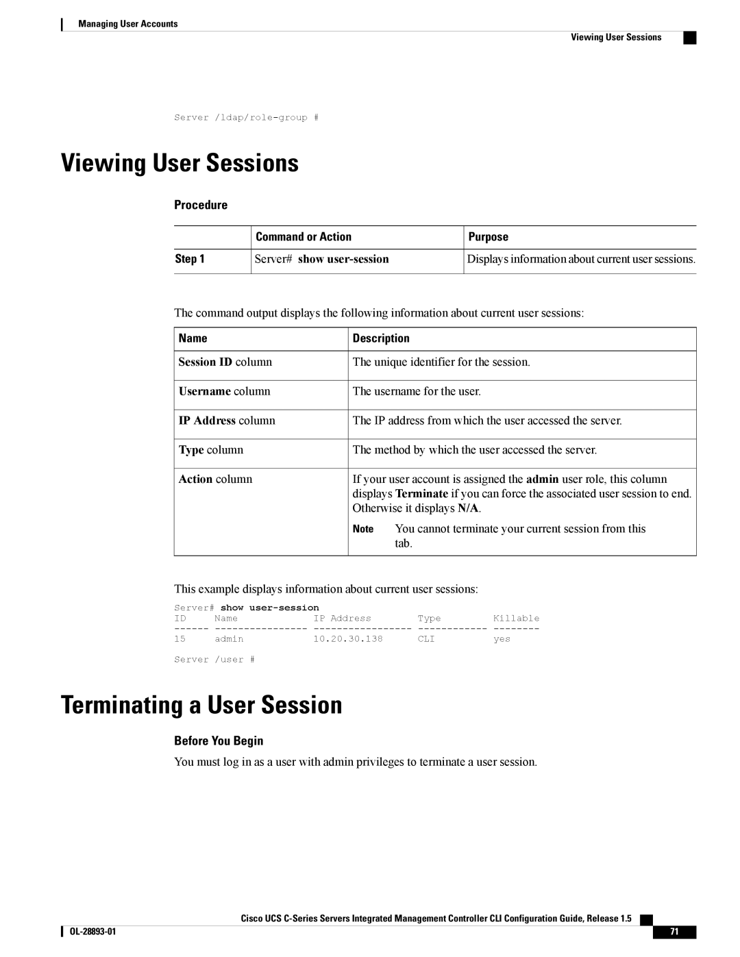 Cisco Systems 57712, UCSCPCIEBTG manual Viewing User Sessions, Terminating a User Session 