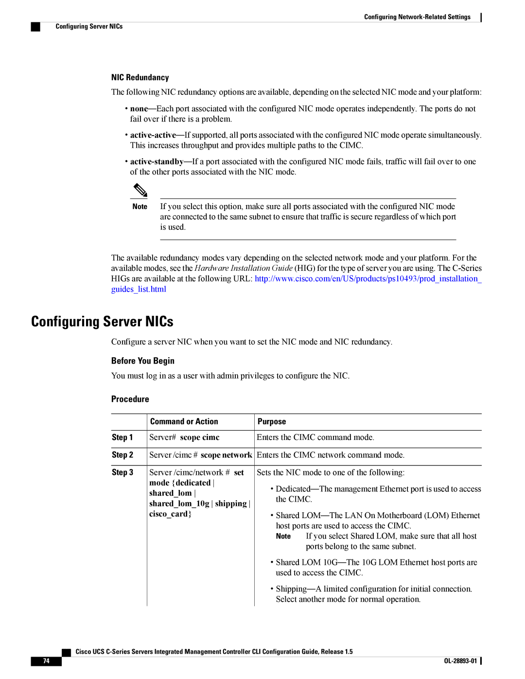 Cisco Systems UCSCPCIEBTG, 57712 manual Configuring Server NICs, NIC Redundancy, Server /cimc/network # set mode dedicated 