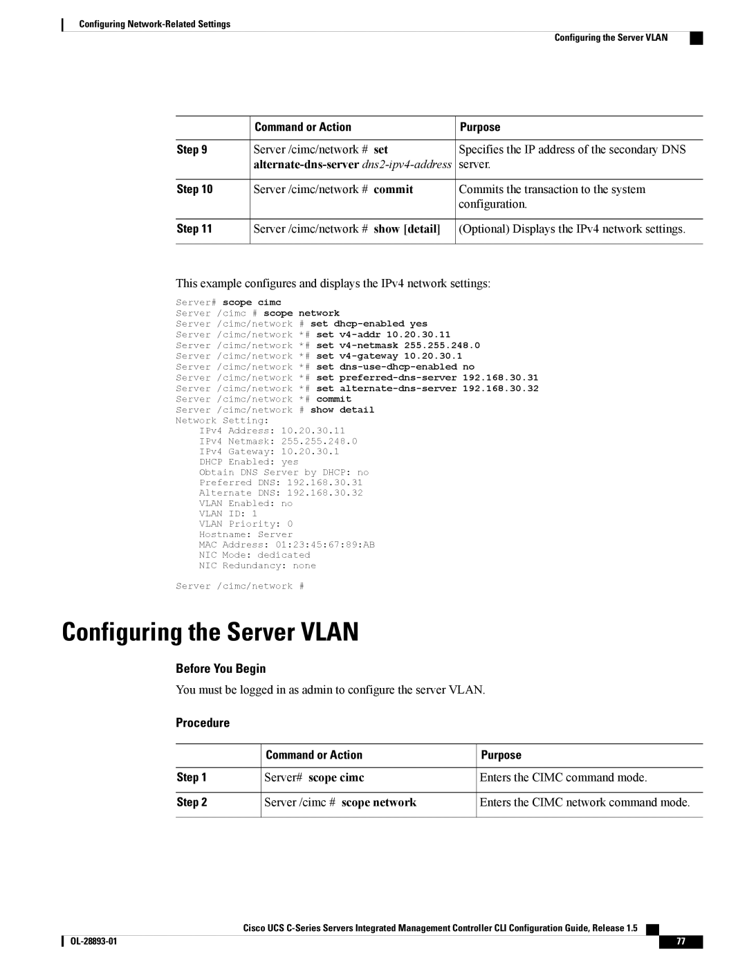 Cisco Systems 57712, UCSCPCIEBTG manual Configuring the Server Vlan, Specifies the IP address of the secondary DNS 