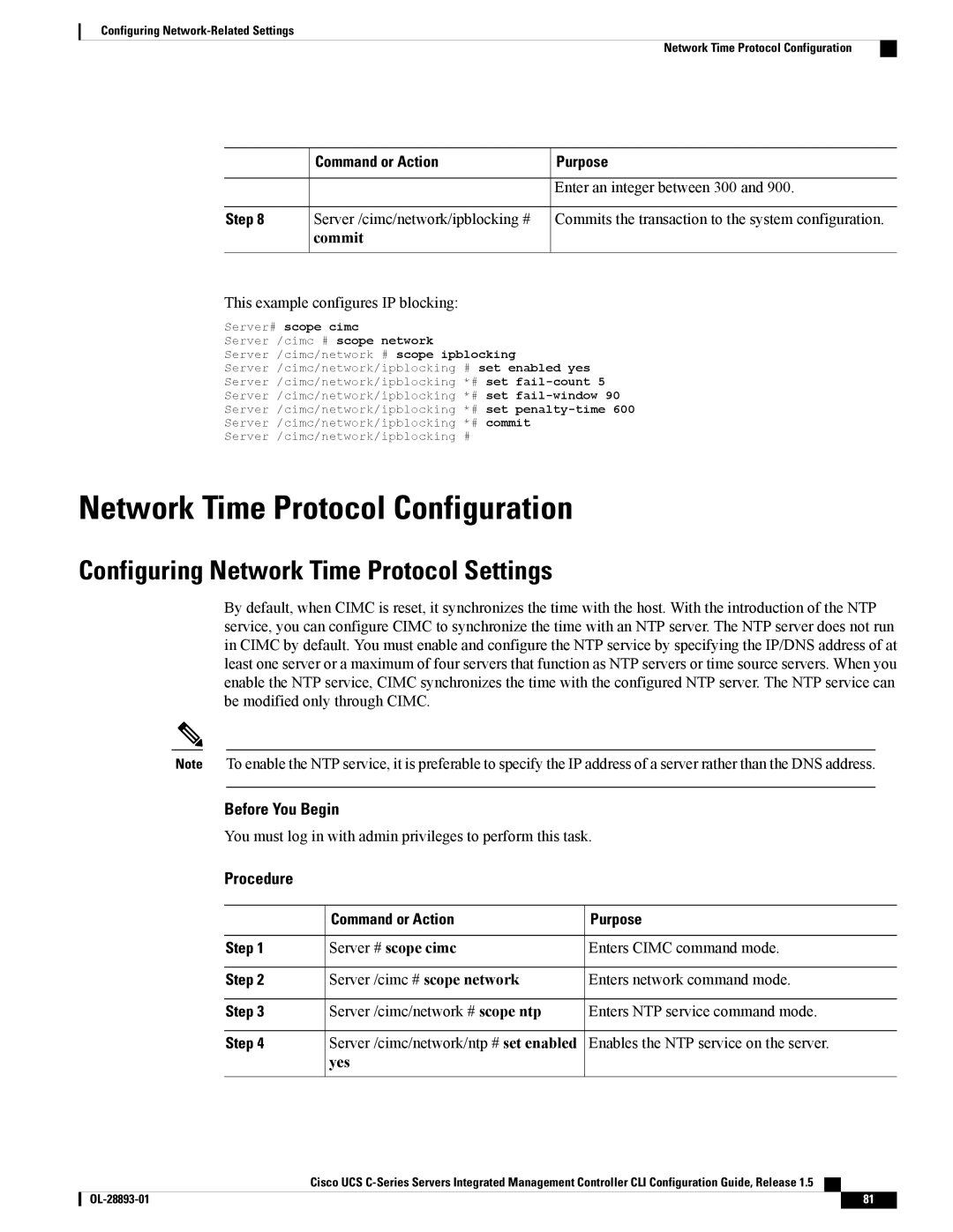 Cisco Systems 57712 Network Time Protocol Configuration, Configuring Network Time Protocol Settings, Server # scope cimc 