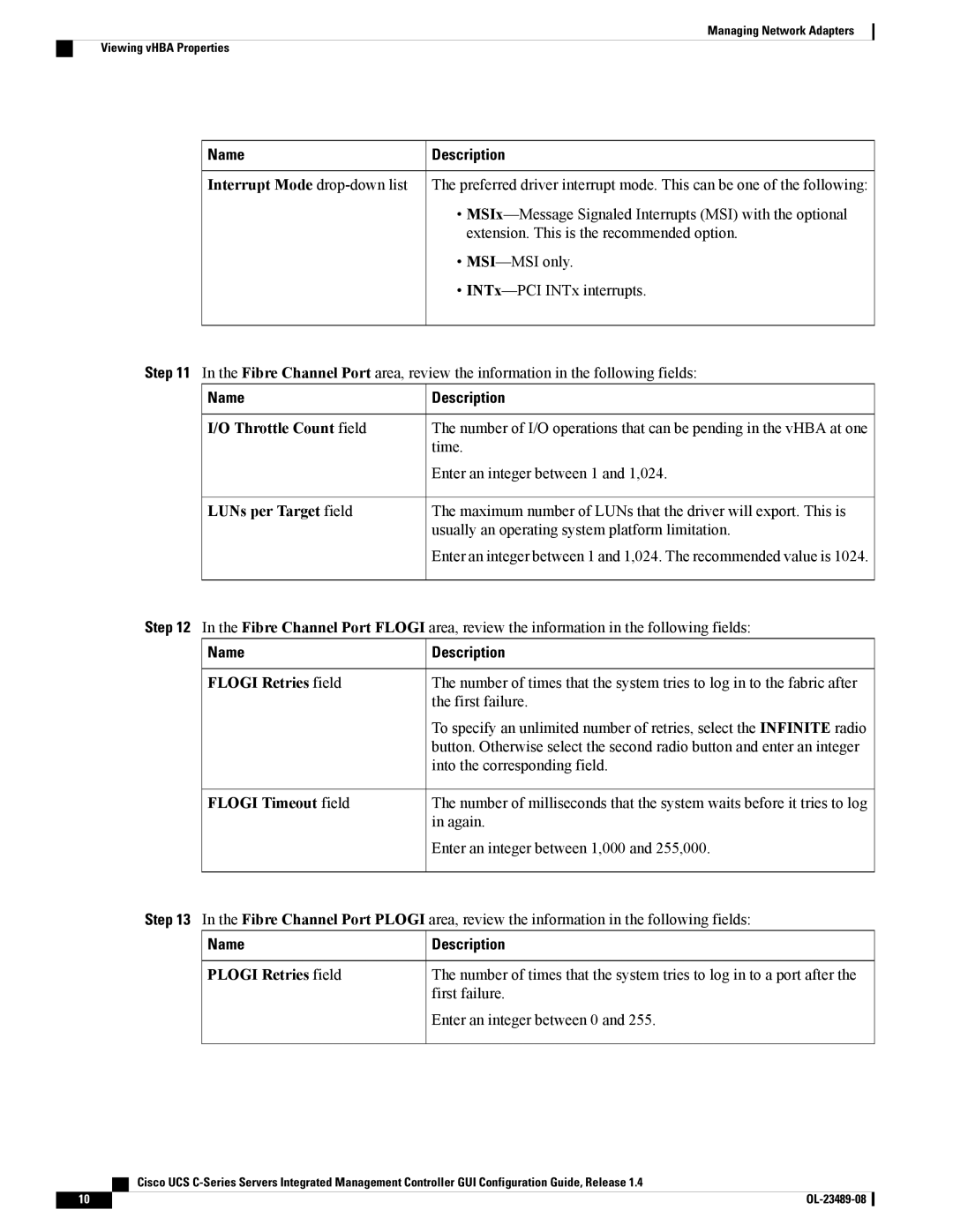 Cisco Systems UCSCPCIECSC02 manual Interrupt Mode drop-down list, Throttle Count field, LUNs per Target field 