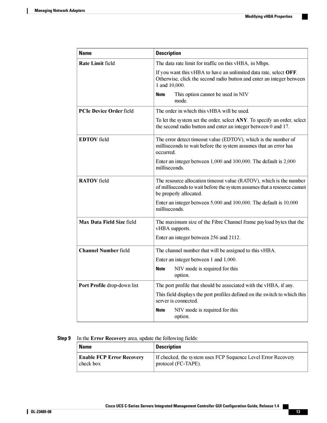 Cisco Systems UCSCPCIECSC02 manual Error Recovery area, update the following fields 