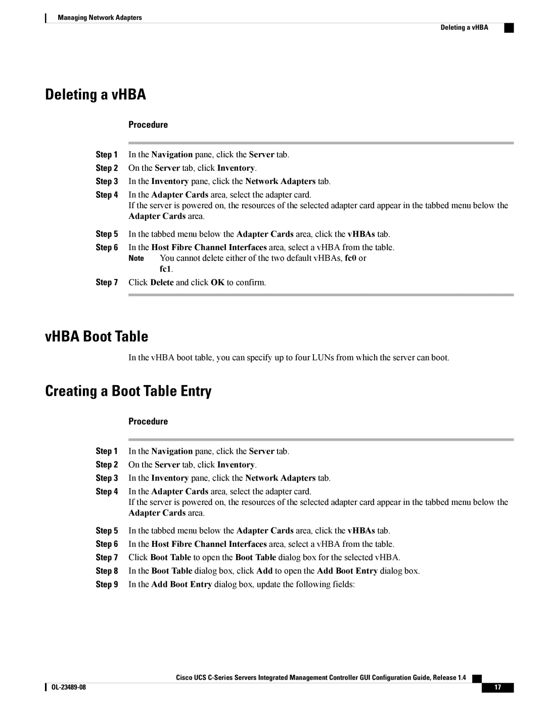 Cisco Systems UCSCPCIECSC02 manual Deleting a vHBA, VHBA Boot Table, Creating a Boot Table Entry, Fc1 