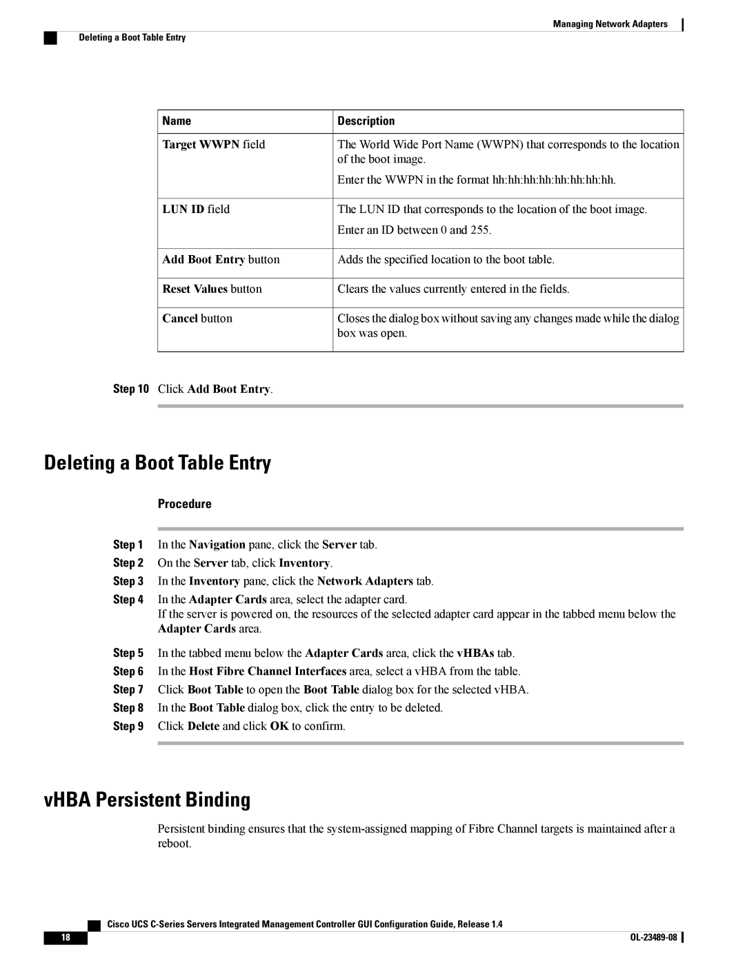 Cisco Systems UCSCPCIECSC02 manual Deleting a Boot Table Entry, VHBA Persistent Binding 