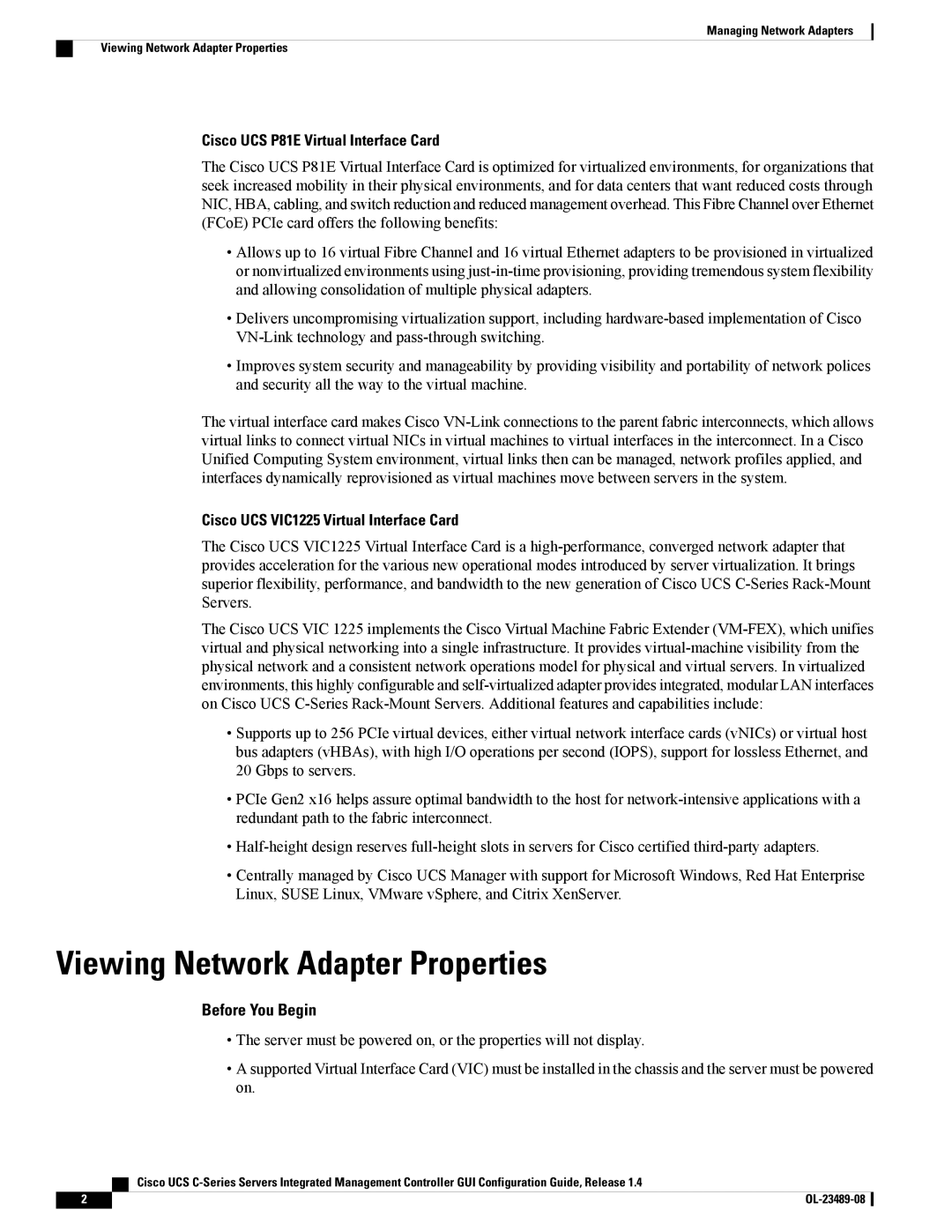 Cisco Systems UCSCPCIECSC02 manual Viewing Network Adapter Properties, Cisco UCS P81E Virtual Interface Card 