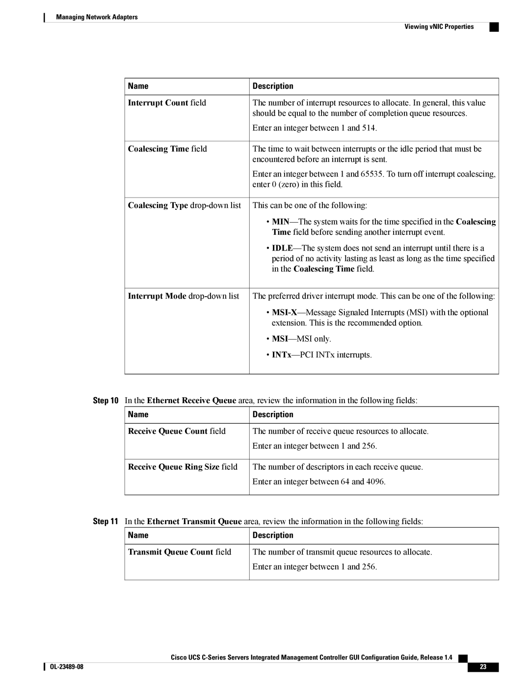 Cisco Systems UCSCPCIECSC02 manual Interrupt Count field, Coalescing Time field, Coalescing Type drop-down list 