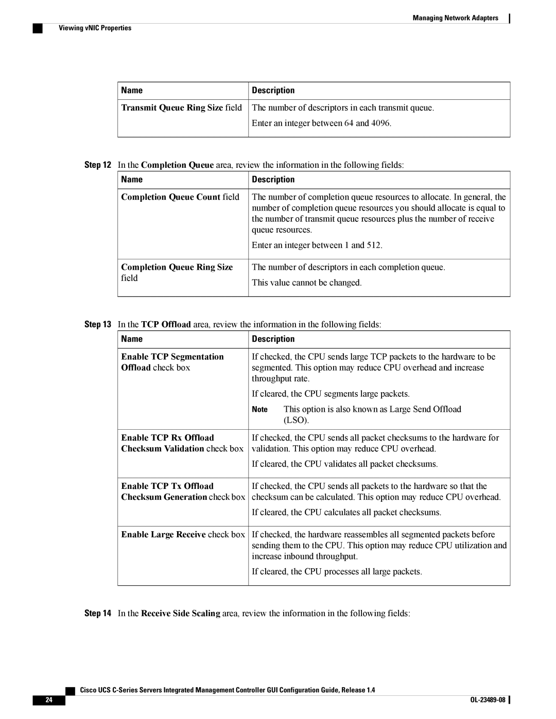 Cisco Systems UCSCPCIECSC02 manual Transmit Queue Ring Size field, Completion Queue Count field, Completion Queue Ring Size 