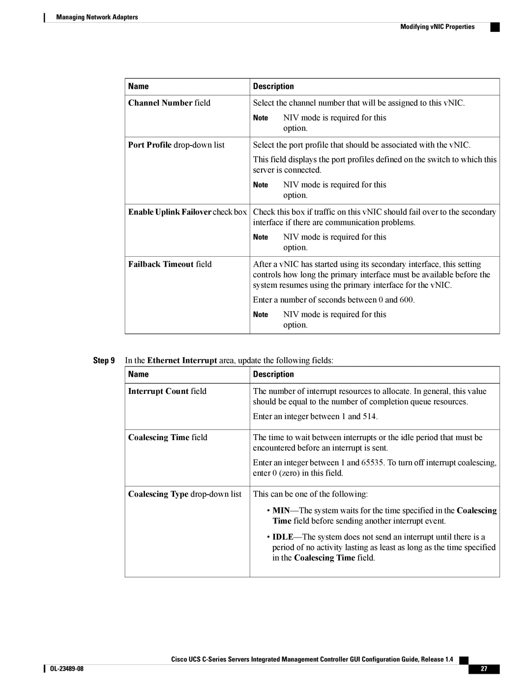 Cisco Systems UCSCPCIECSC02 manual Ethernet Interrupt area, update the following fields 