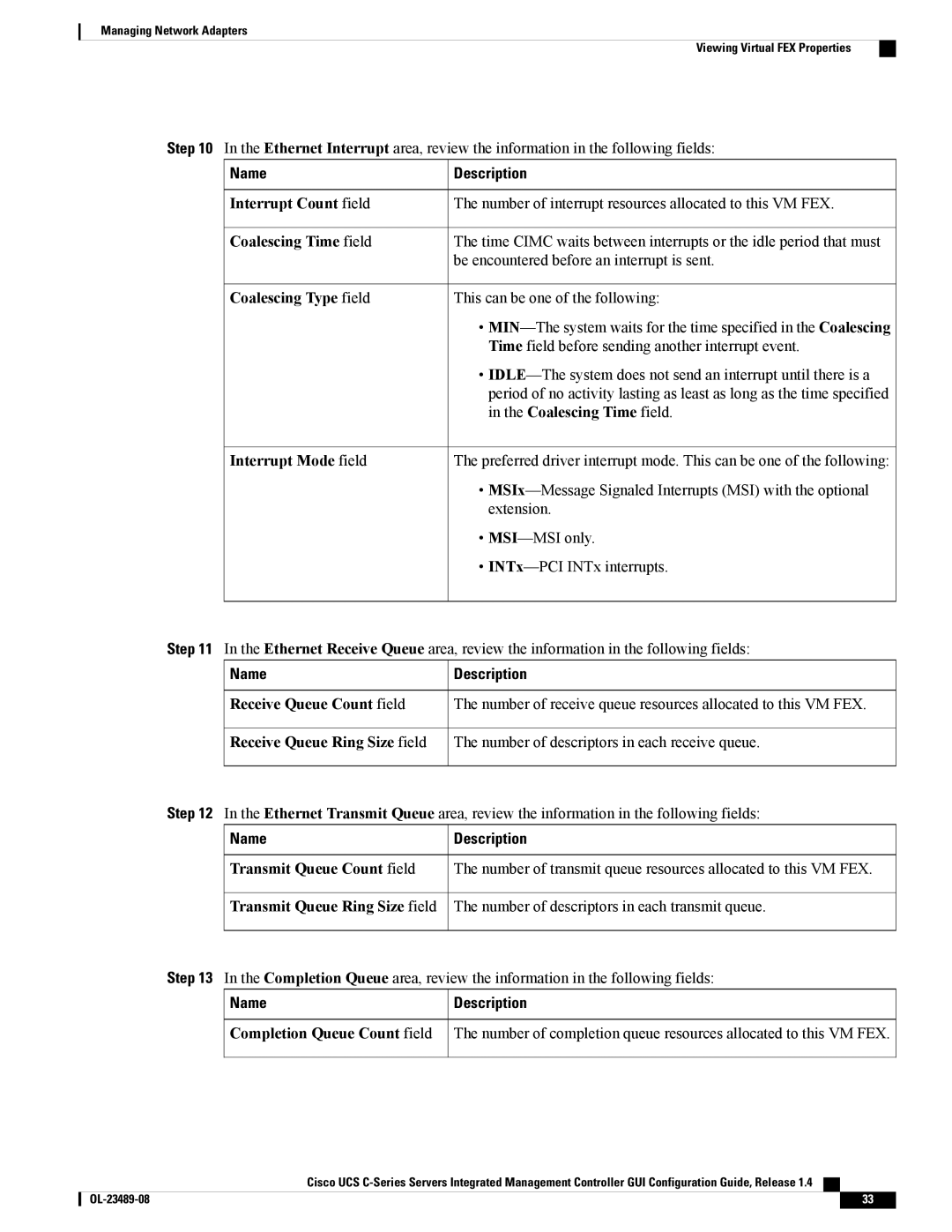 Cisco Systems UCSCPCIECSC02 manual Coalescing Type field, Interrupt Mode field 