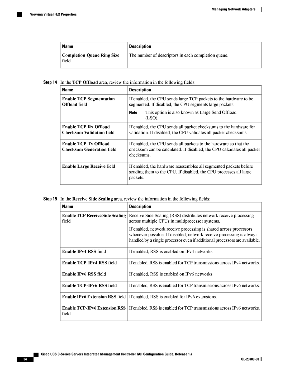 Cisco Systems UCSCPCIECSC02 Enable TCP Segmentation, Offload field, Checksum Validation field, Checksum Generation field 