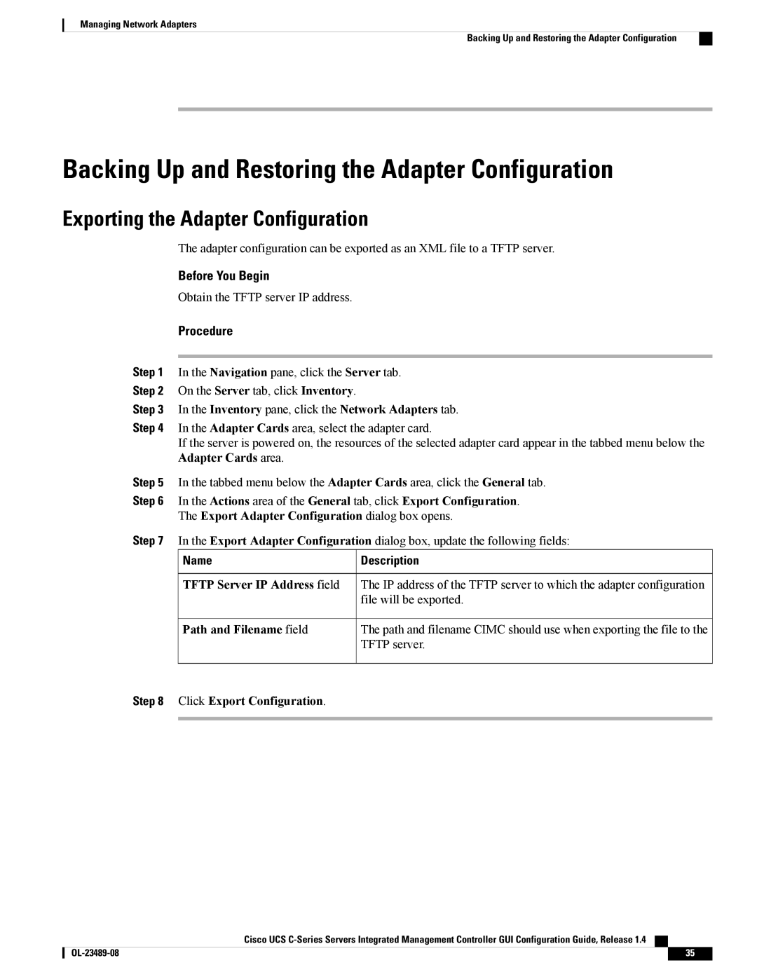 Cisco Systems UCSCPCIECSC02 manual Backing Up and Restoring the Adapter Configuration, Exporting the Adapter Configuration 