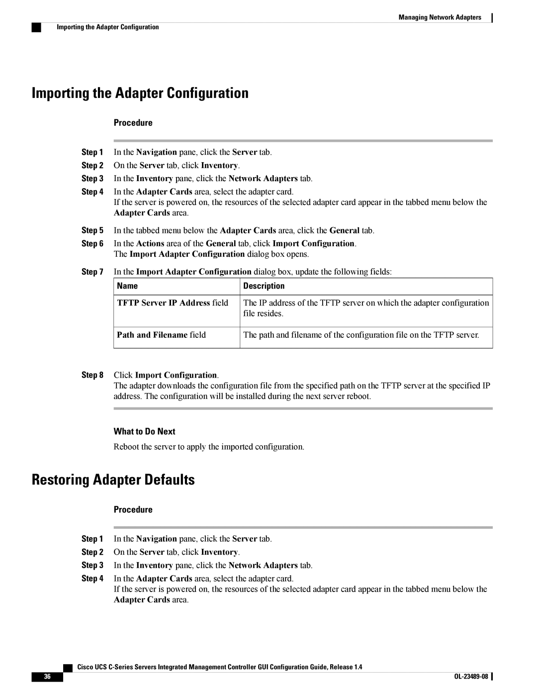 Cisco Systems UCSCPCIECSC02 Importing the Adapter Configuration, Restoring Adapter Defaults, Click Import Configuration 