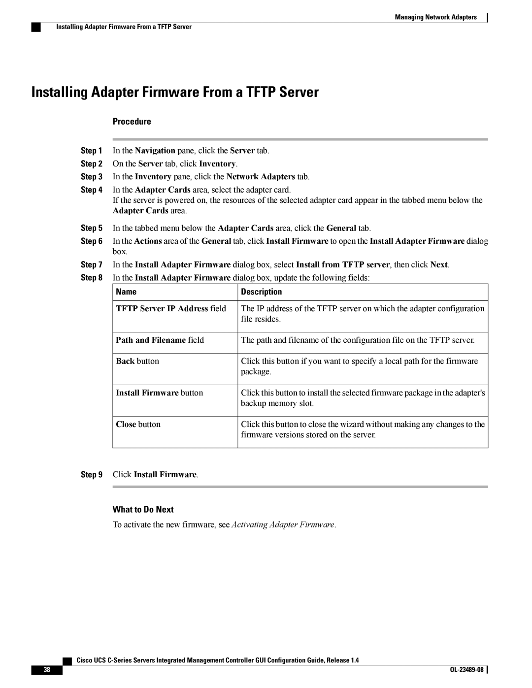 Cisco Systems UCSCPCIECSC02 manual Installing Adapter Firmware From a Tftp Server, Install Firmware button 