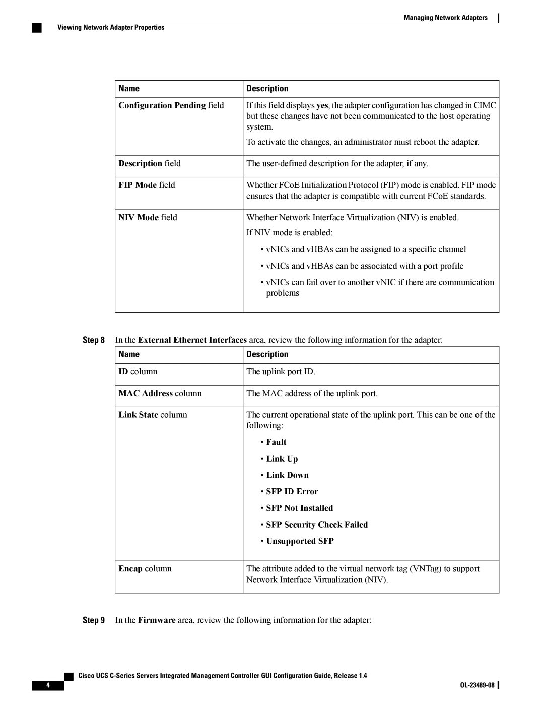 Cisco Systems UCSCPCIECSC02 Configuration Pending field, Description field, FIP Mode field, NIV Mode field, Fault, Link Up 