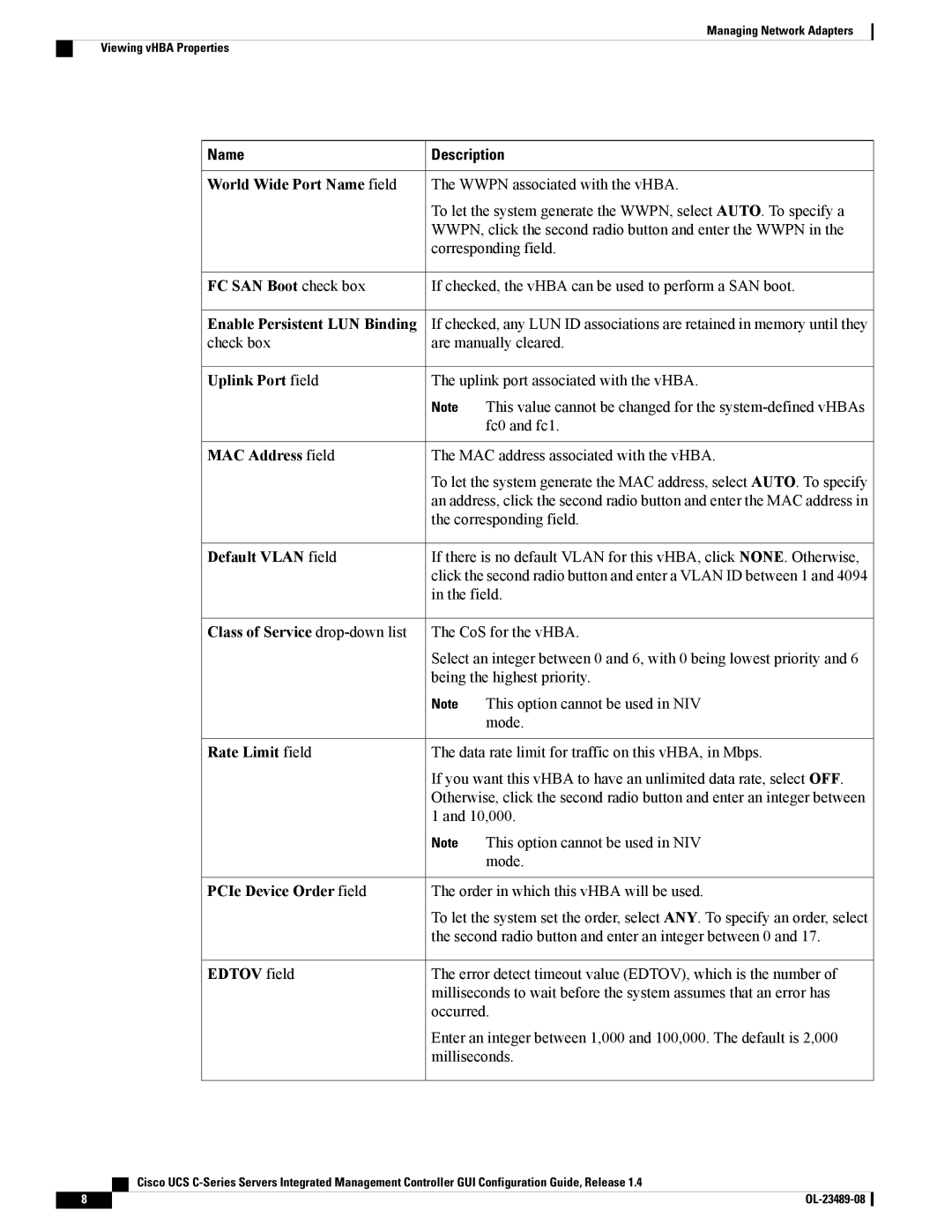 Cisco Systems UCSCPCIECSC02 World Wide Port Name field, FC SAN Boot check box, Enable Persistent LUN Binding, Edtov field 