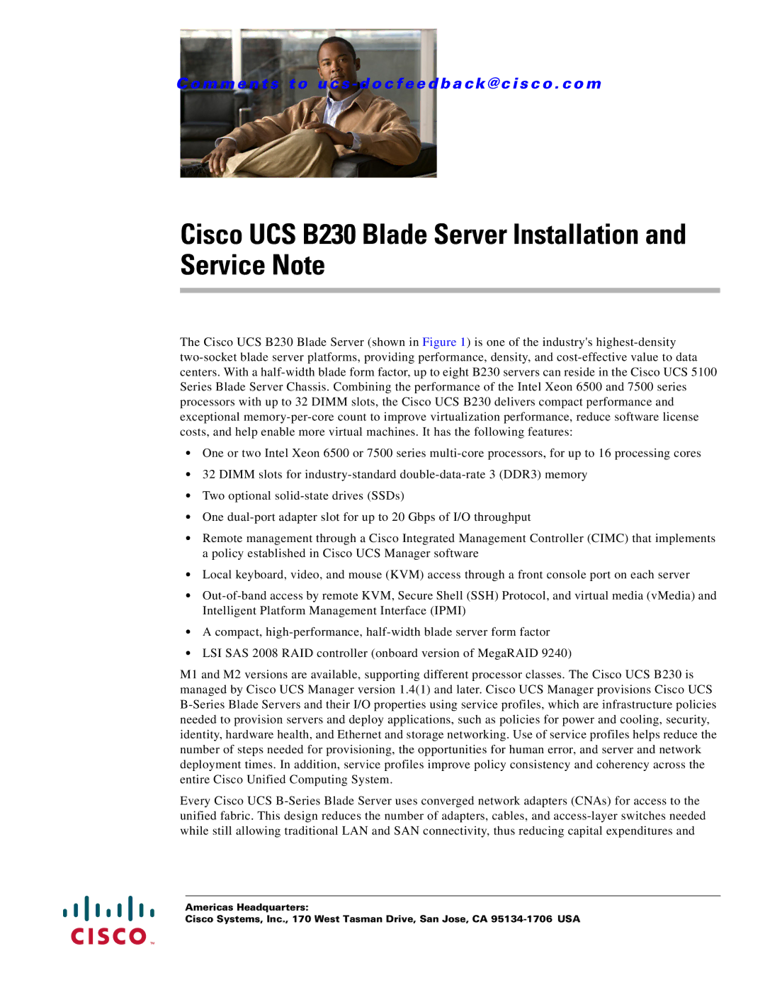 Cisco Systems UCSEZB230EX256 manual Cisco UCS B230 Blade Server Installation and Service Note 