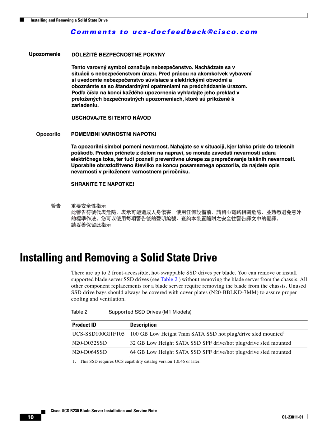 Cisco Systems UCSEZB230EX256 manual Installing and Removing a Solid State Drive, Product ID Description 