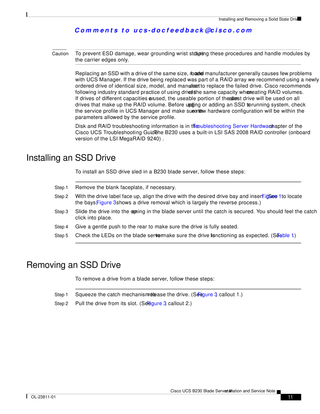 Cisco Systems UCSEZB230EX256 manual Installing an SSD Drive, Removing an SSD Drive 