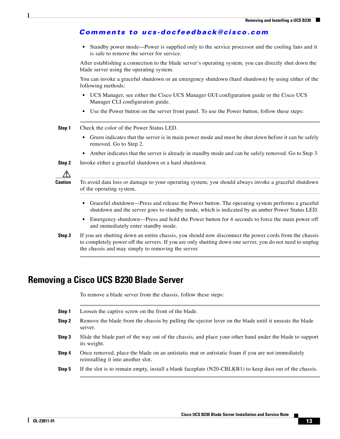 Cisco Systems UCSEZB230EX256 manual Removing a Cisco UCS B230 Blade Server 